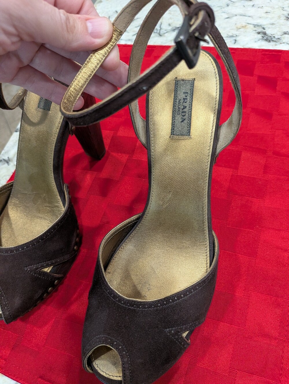 Prada Brown Suede Peep-Toe Ankle-Strap Heels with Gold Insole - Picture 2 of 10